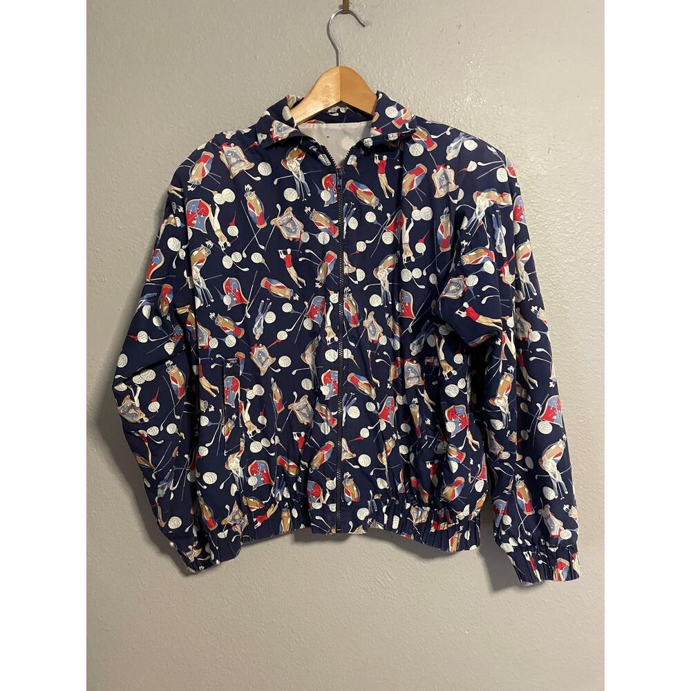 Vintage Mens Windbreaker Jacket Large Golf All Over Print Artsy Wacky 90s